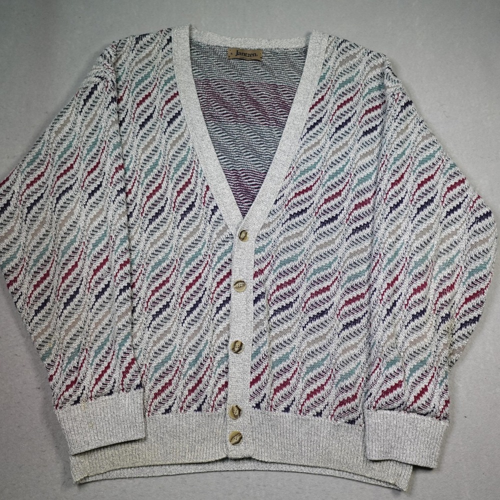 Vintage Jantzen Sweater Mens XL Multicolor Knit Button Cardigan USA 80s